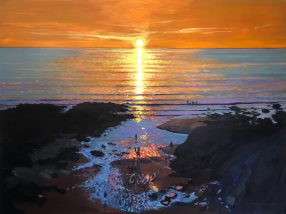 Colourful painting of a sunset over Barricane Beach,Woolacombe,Devon.
