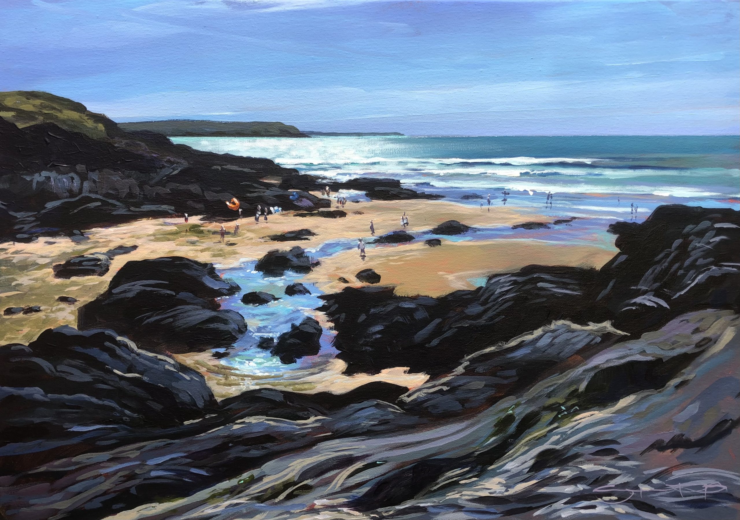 Combesgate beach in summer original acrylic painting