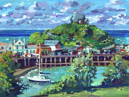 A sunny afternoon's plein air painting session perched on a warm bench in St.James' Park, Ilfracombe, overlooking the outer harbour with a solitary yacht waiting for the tide. Lantern Hill lit up as the shower clouds scudded by. "Later Hill Aglow" gouache 8 x 6 inches on Bristol board