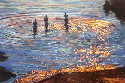 “Summer Sparkle” Wading into a melting pot of sun shimmers, present only in the moment.Acrylic on canvas 24 x 16 inches Barricane Beach Painting