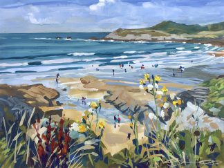 Colourful summer painting of beachgoers on Barricane beach Woolacombe in Devon UK