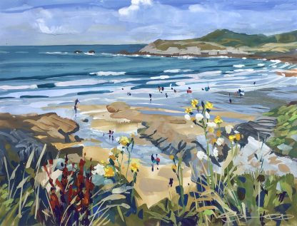 Colourful summer painting of beachgoers on Barricane beach Woolacombe in Devon UK