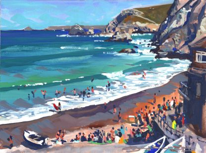 Painting of beachgoers on St.Agnes beach ,Cornwall at high tide