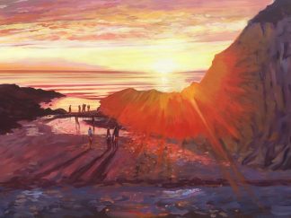 colourful painting of a glowing sunset on Barricane Beach Woolacombe Devon by local artist