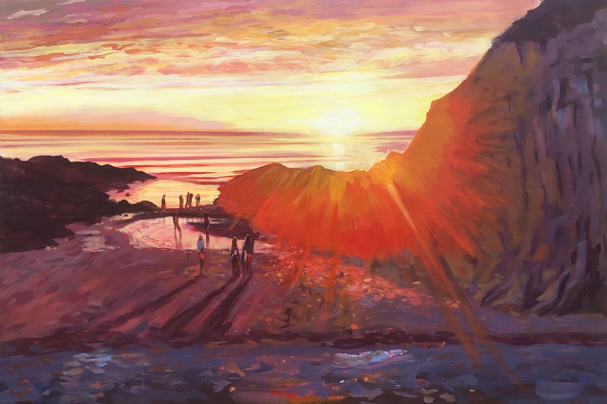 colourful painting of a glowing sunset on Barricane Beach Woolacombe Devon by local artist