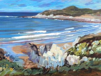 painting of a sunny day on the beach and coastal cliffs above Barricane beach and combesgate beach with Morte point in the background