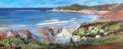 painting of a sunny day on the beach and coastal cliffs above Barricane beach and combesgate beach with Morte point in the background