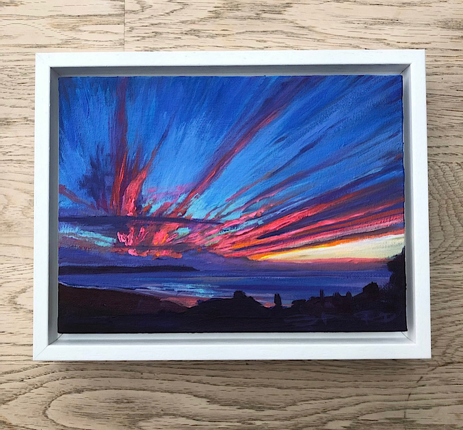 Woolacombe sunset painting in a white wood frame