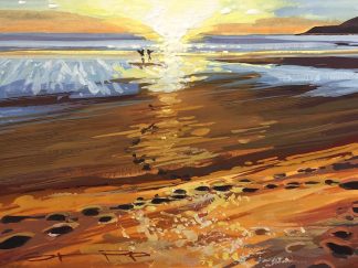 two surfers enjoying the sunset on Woolacombe beach original gouache painting