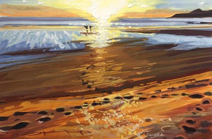 two surfers enjoying the sunset on Woolacombe beach original gouache painting