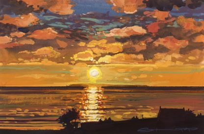 sunset behind Lundy from Woolacombe beach original; painting by Steve PP