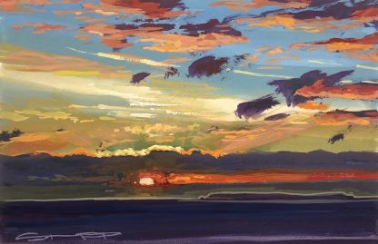 twilight time sunset to the south of Lundy,North Devon gouache painting