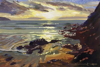 Original Woolacombe sunset gouache painting