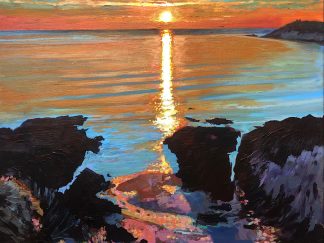 Original acrylic painting of a sunset viewed from Barricane beach in woolacombe north Devon by local artist Steve PP