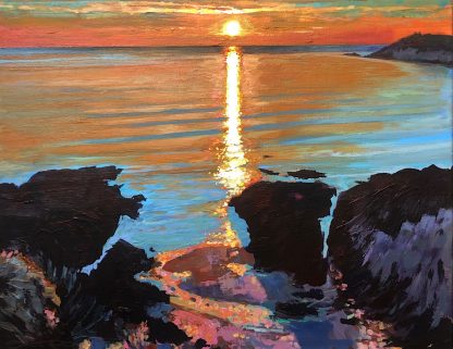 Original acrylic painting of a sunset viewed from Barricane beach in woolacombe north Devon by local artist Steve PP