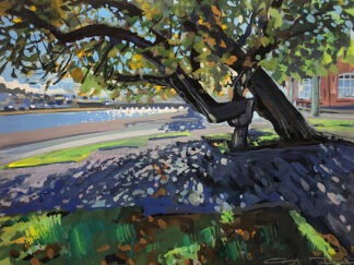 Leaning Conker tree held up by a helping hand sculpture on bideford quay with the old town bridge crossing the river to ridge visible in the distance