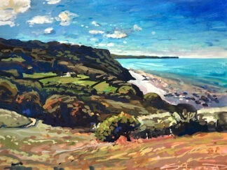 A gouache painting of a gloriously still day, just a gentle breeze wafting across the hills. Hardly a ripple as the sea meets the shoreline on the coast path to Clovelly