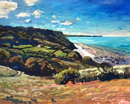 A gouache painting of a gloriously still day, just a gentle breeze wafting across the hills. Hardly a ripple as the sea meets the shoreline on the coast path to Clovelly