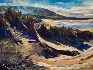 Painting of the sand dunes on croyde beach looking south to Saunton Down, which is partially enveloped in coastal mist on a sunny day in January