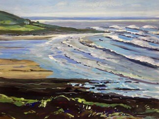 Gouache painting of the view over Croyde Bay Surf from Baggy Point