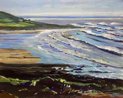 Gouache painting of the view over Croyde Bay Surf from Baggy Point