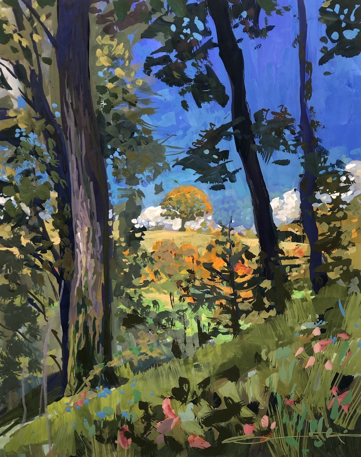 Colourful gouache painting of an oak tree viewed through dark trees in the foreground on a sunny day at arlington court wooded estate in North Devon