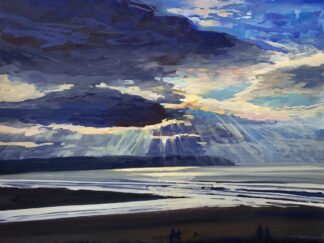 painting of sunspots shining through the clouds onto the Atlantic ocean at Woolacombe beach in North Devon