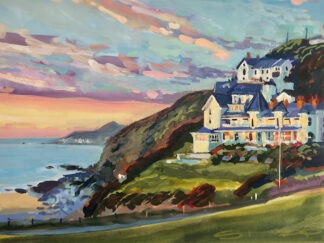 Painting of The Watersmeet Hotel on the cliff top above Combesgate beach in Woolacombe North Devon at sunset