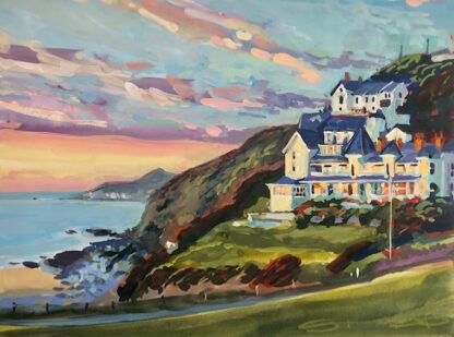 Painting of The Watersmeet Hotel on the cliff top above Combesgate beach in Woolacombe North Devon at sunset