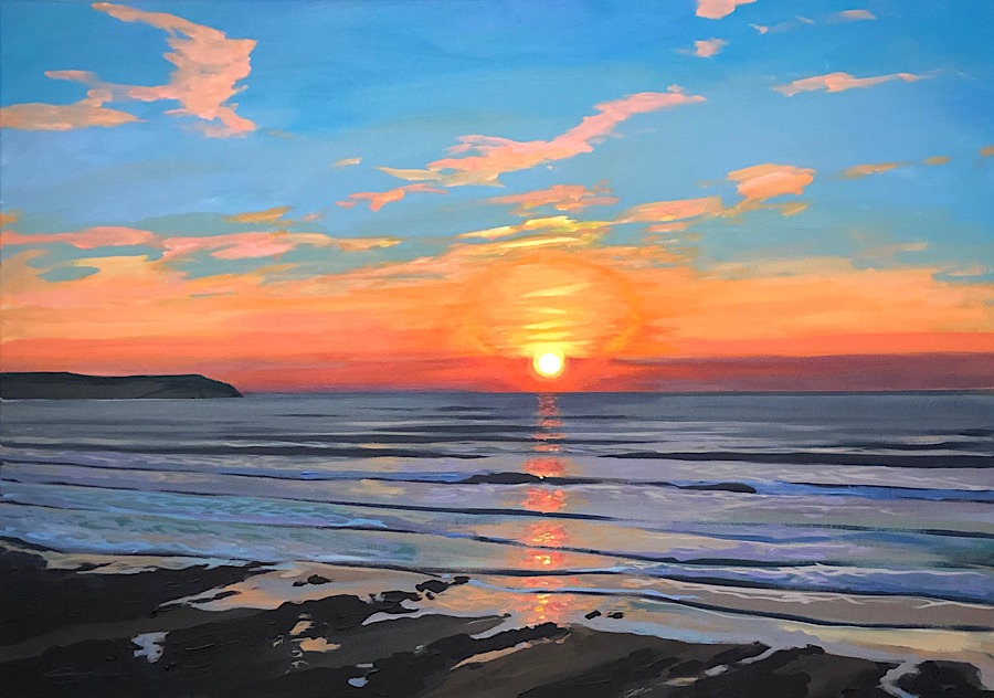 Colourful orange gold and blue Woolacombe Beach sunset painting