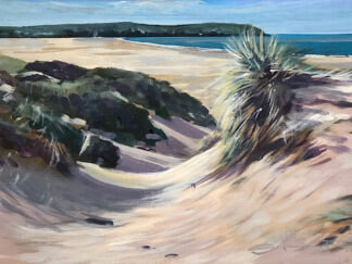 Sand dunes at woolacombe beach in north Devon, looking across the beach at low tide to Baggy point and Putsborough beach