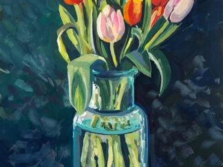 Gouache Painting of Rainbow tulips in a glass vase in the springlike sunshine