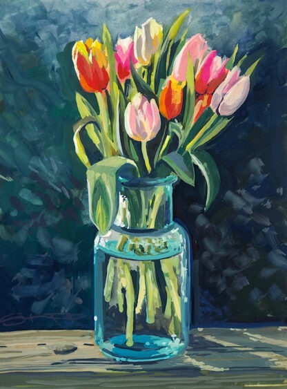 Gouache Painting of Rainbow tulips in a glass vase in the springlike sunshine