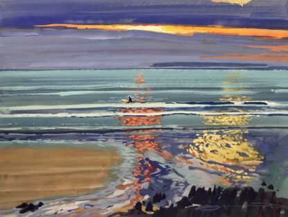 painting of a surfer sat on his board watching the sunset at Woolacombe beach Devon