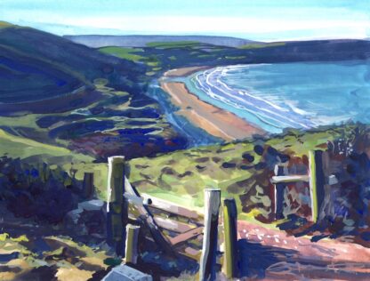 Painting of an open gate ontop of a hill overlooking woolacombe beach North Devon in February