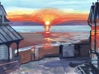 sunset painting between two buildings on woolacombe beach setting over the sea