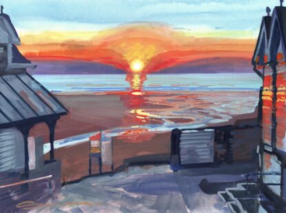 sunset painting between two buildings on woolacombe beach setting over the sea