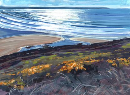 painting of a view across gorse bushes to a beach sparkling in the late afternoon sunshine and a sparkling sea