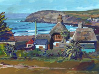 Painting of thatched cottages in Croyde Bay with the surf and Baggy Point in the background