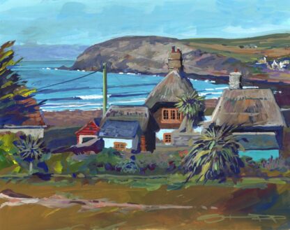 Painting of thatched cottages in Croyde Bay with the surf and Baggy Point in the background