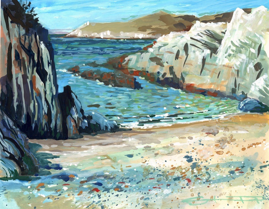 Painting of the tide gently lapping onto the shore a sunny warm Spring day at Barricane beach. Painting by Woolacombe artist Steve PP